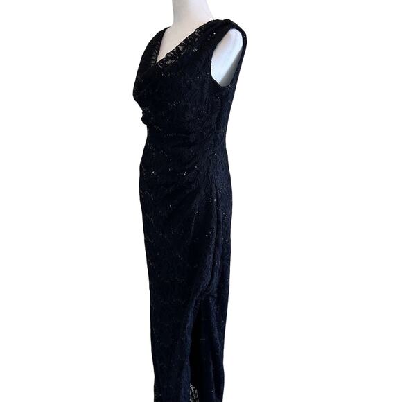 Lauren Ralph Lauren Evening Dress Gown Sequin Black SZ8 Slide Slit Drop Neck - Picture 3 of 10
